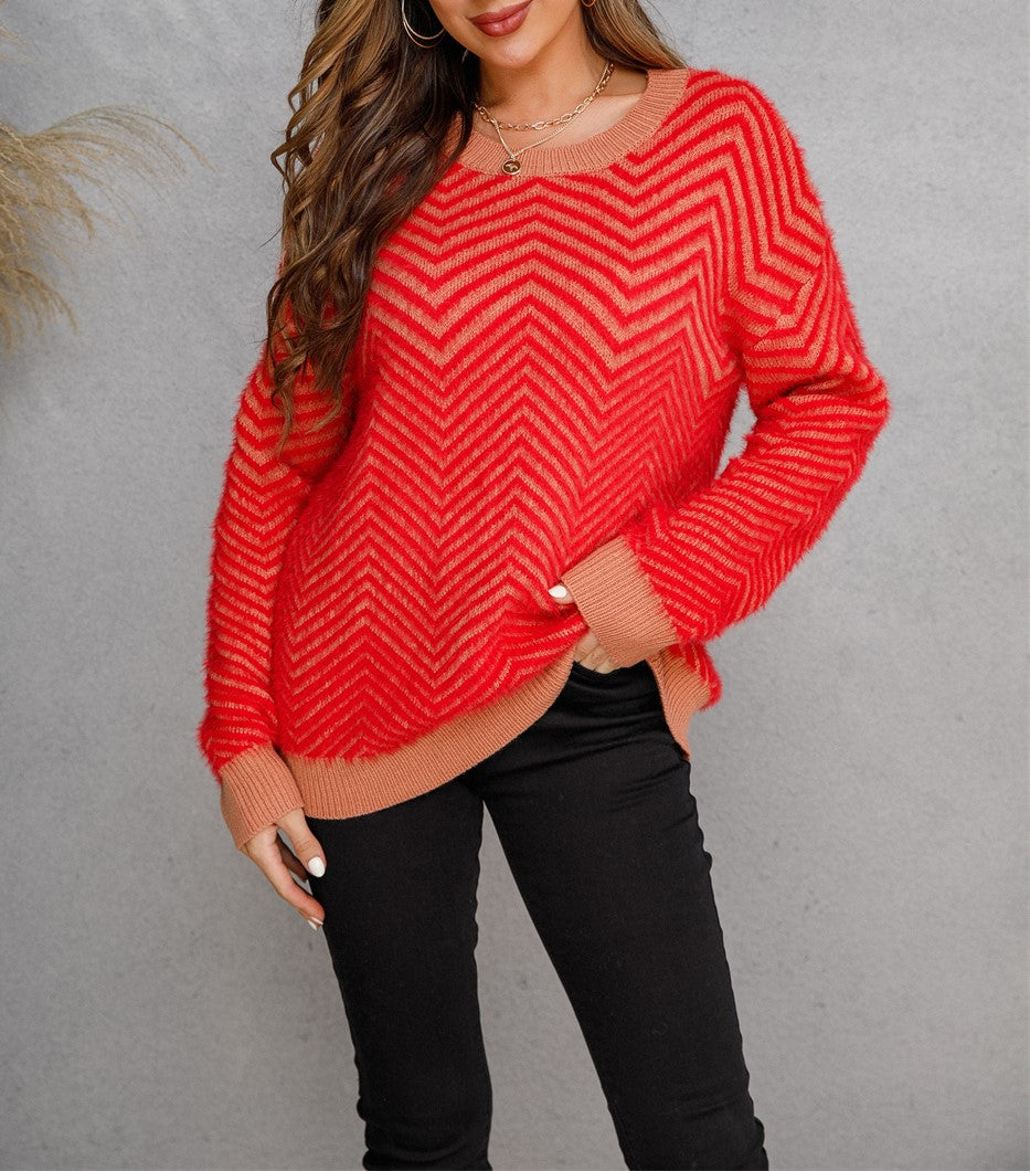Chevron Textured Contrast Trim Crew Neck Sweater - Red - 1
