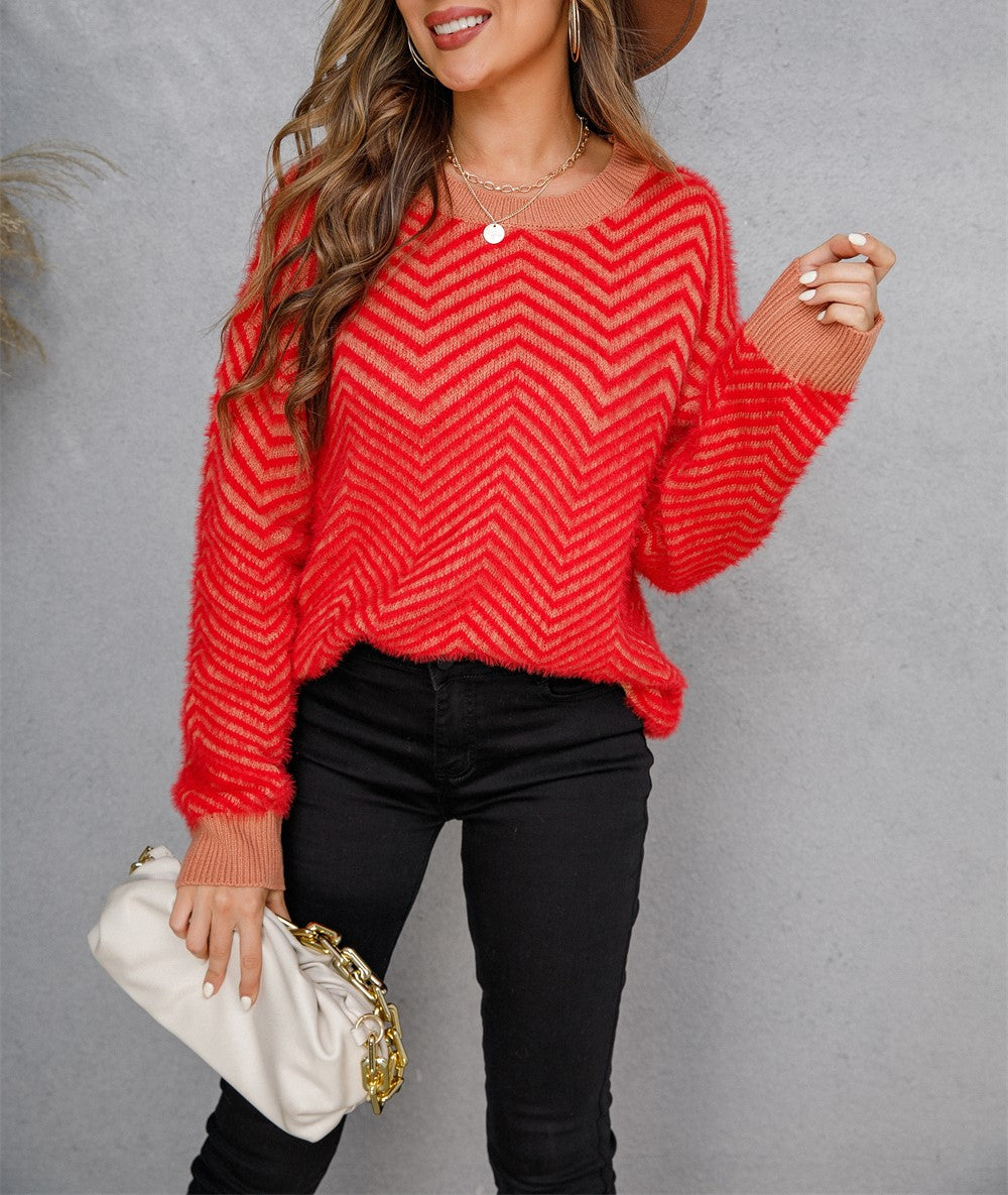 Chevron Textured Contrast Trim Crew Neck Sweater - Red - 3