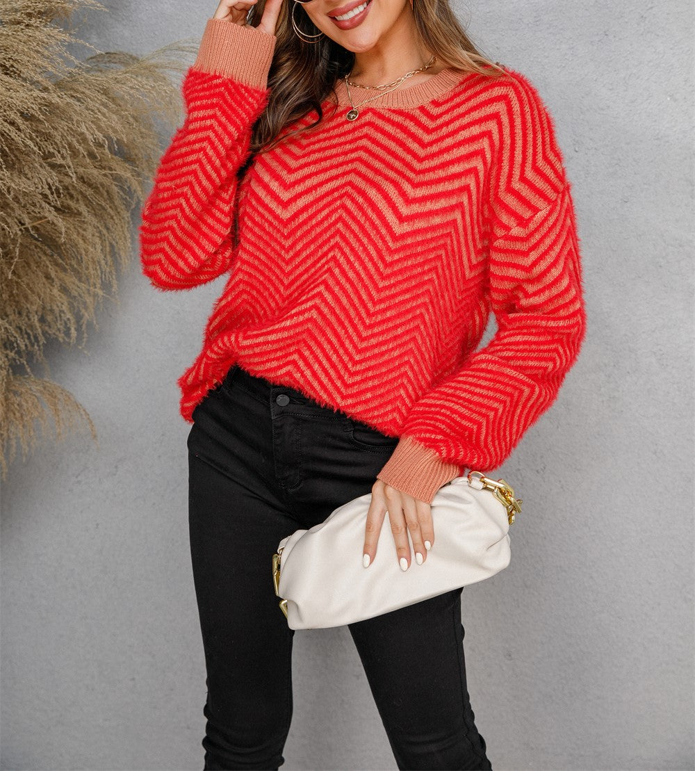 Chevron Textured Contrast Trim Crew Neck Sweater - Red - 4