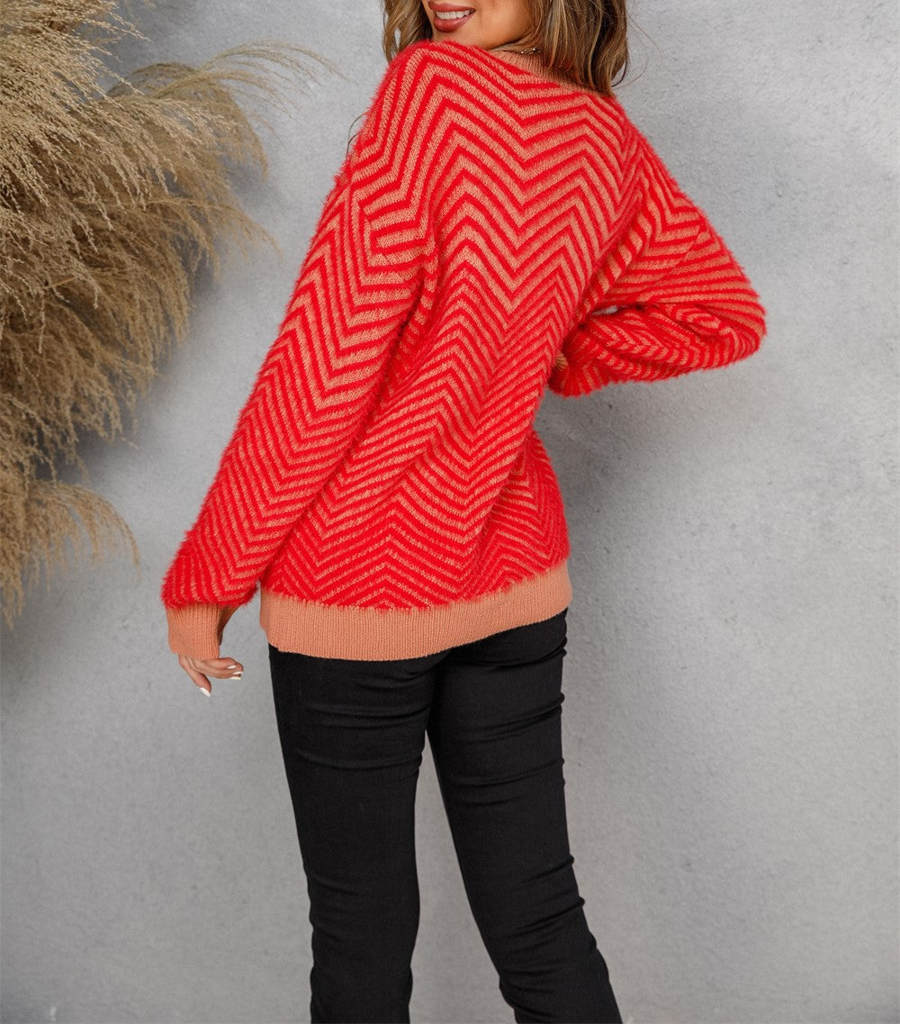 Chevron Textured Contrast Trim Crew Neck Sweater - Red - 6