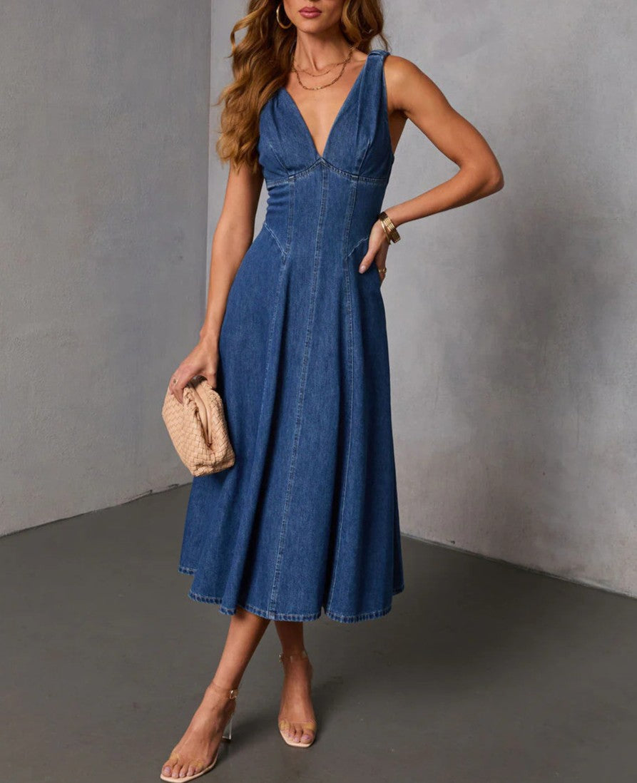 Sleeveless V Neck Denim Midi Dress - Blue