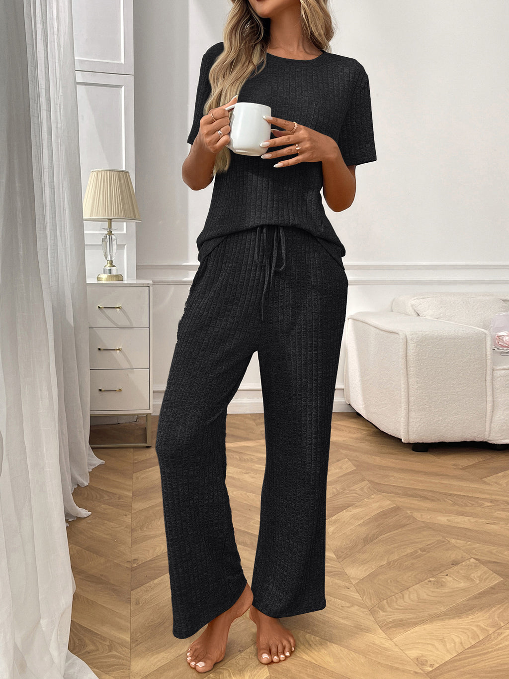 Waffle Rib Short Sleeve Pajama Set - Black