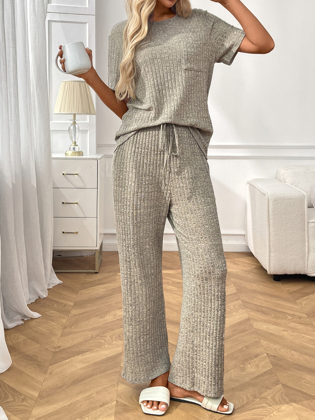 Waffle Rib Short Sleeve Pajama Set - Khaki