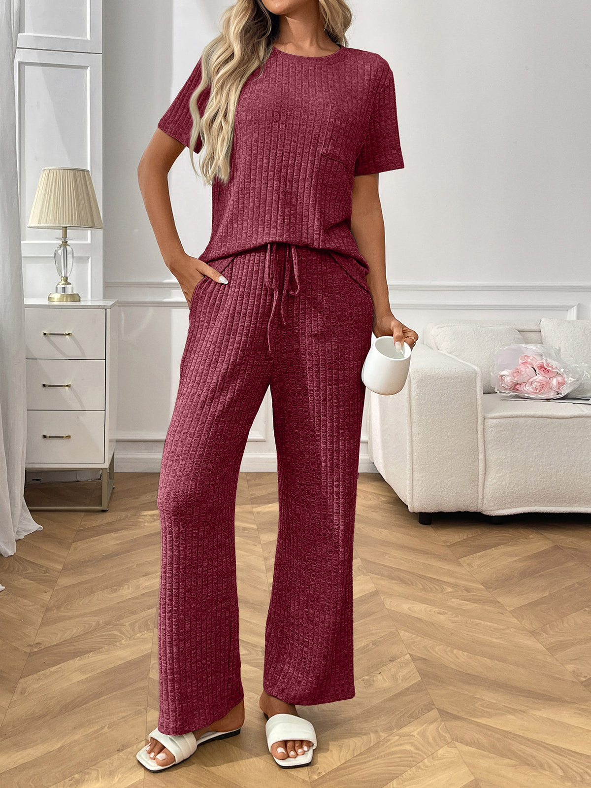 Waffle Rib Short Sleeve Pajama Set - Winered
