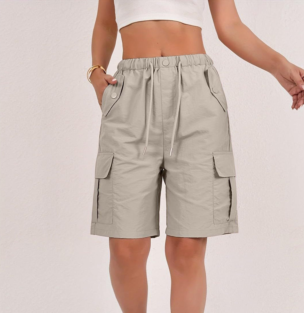 Elastic Waist Cargo Bermuda Shorts With Pockets - Apricot - 1