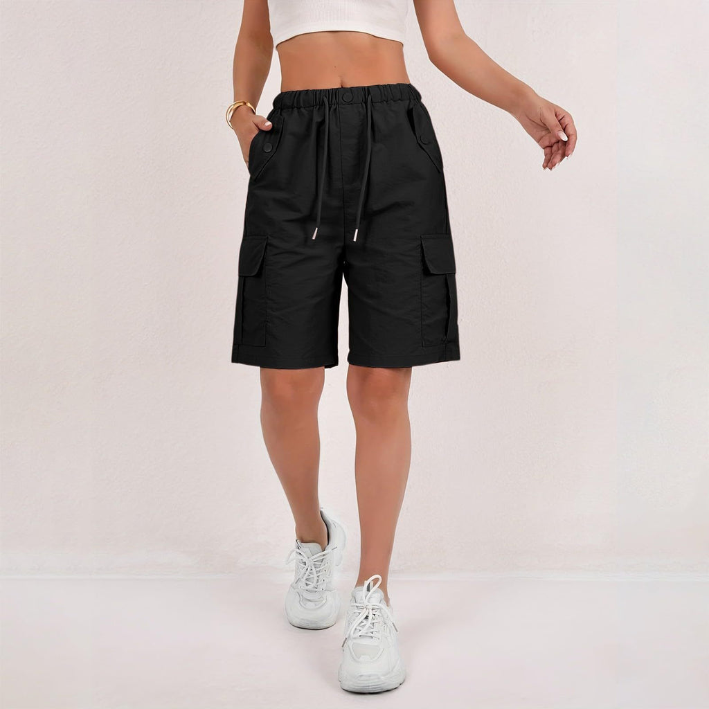 Elastic Waist Cargo Bermuda Shorts With Pockets - Black - 1