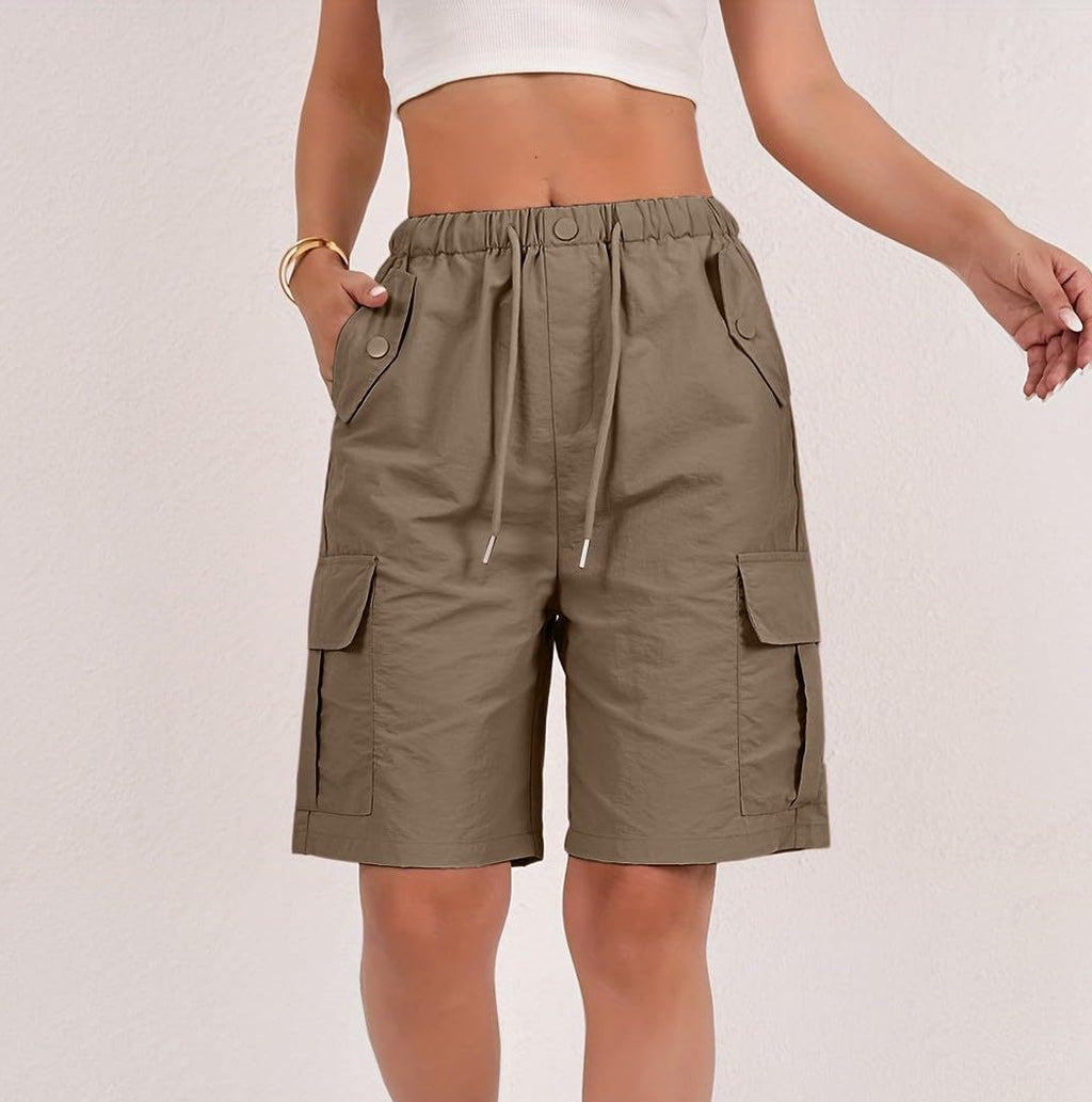 Elastic Waist Cargo Bermuda Shorts With Pockets - Camel - 1