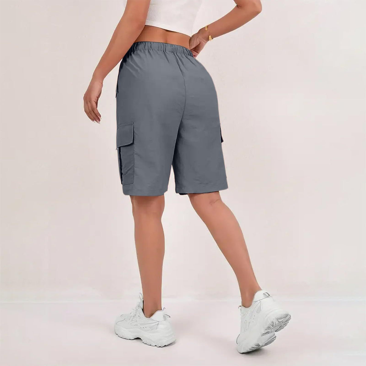 Elastic Waist Cargo Bermuda Shorts With Pockets - Darkgray - 2