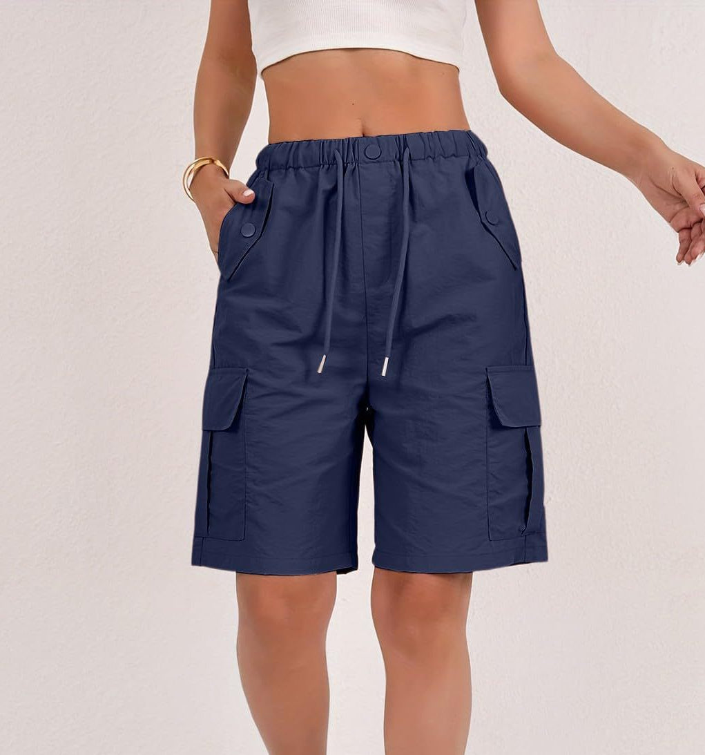 Elastic Waist Cargo Bermuda Shorts With Pockets - Navyblue - 1