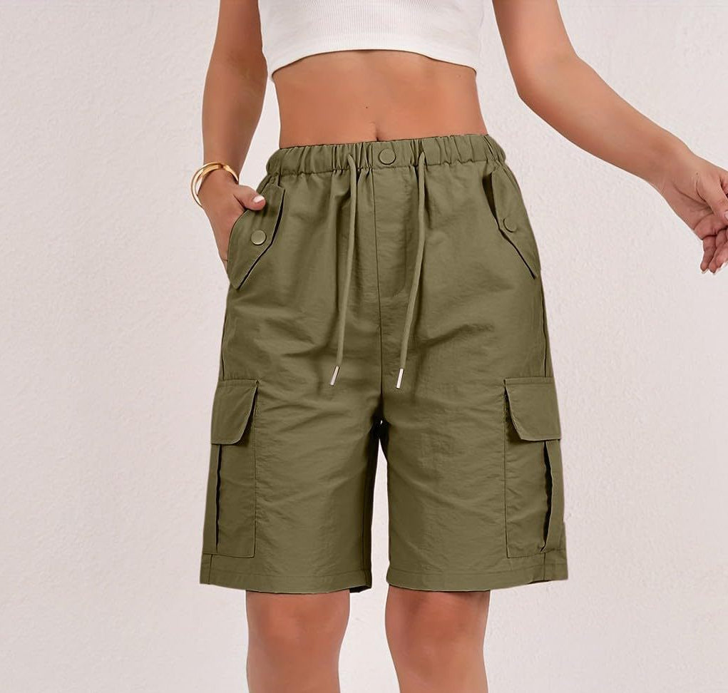 Elastic Waist Cargo Bermuda Shorts With Pockets - Olive - 1