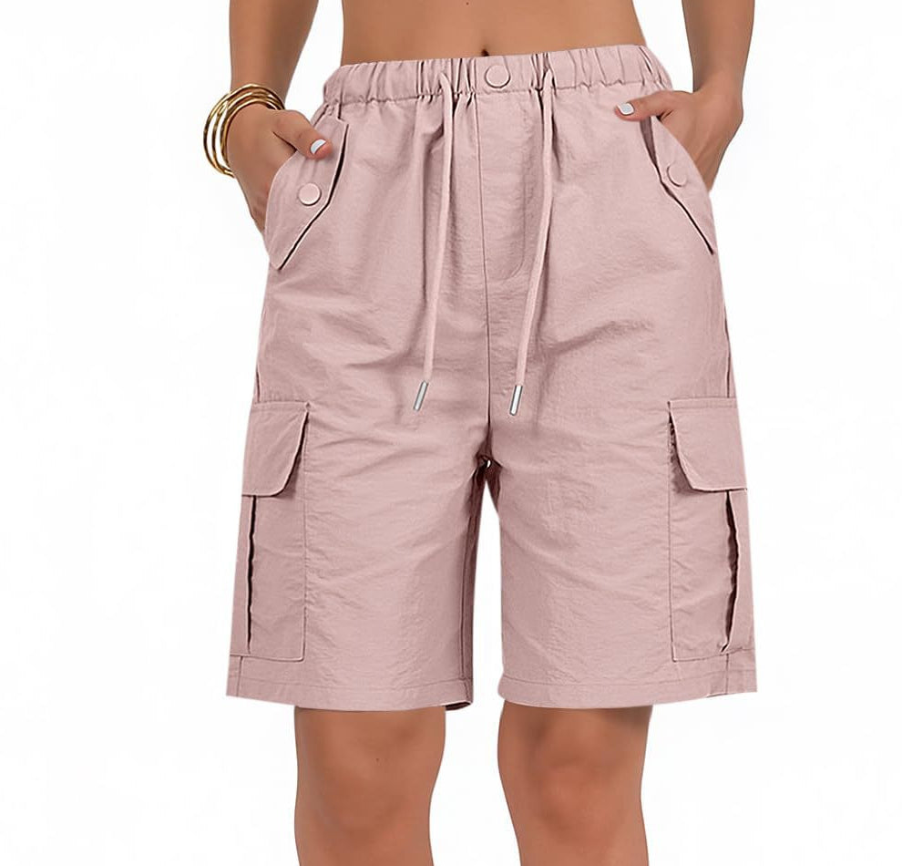 Elastic Waist Cargo Bermuda Shorts With Pockets - Pink