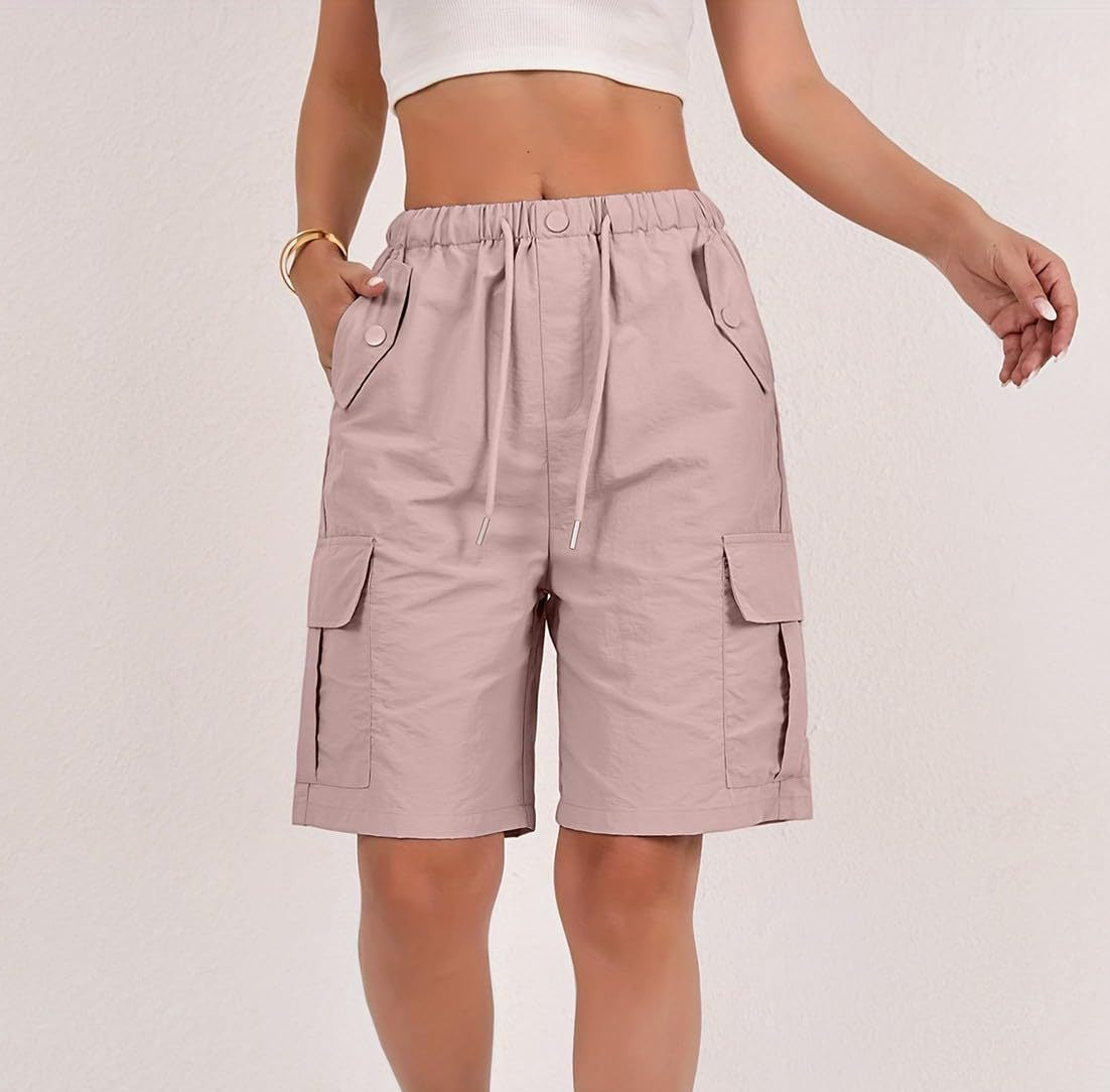 Elastic Waist Cargo Bermuda Shorts With Pockets - Pink - 1
