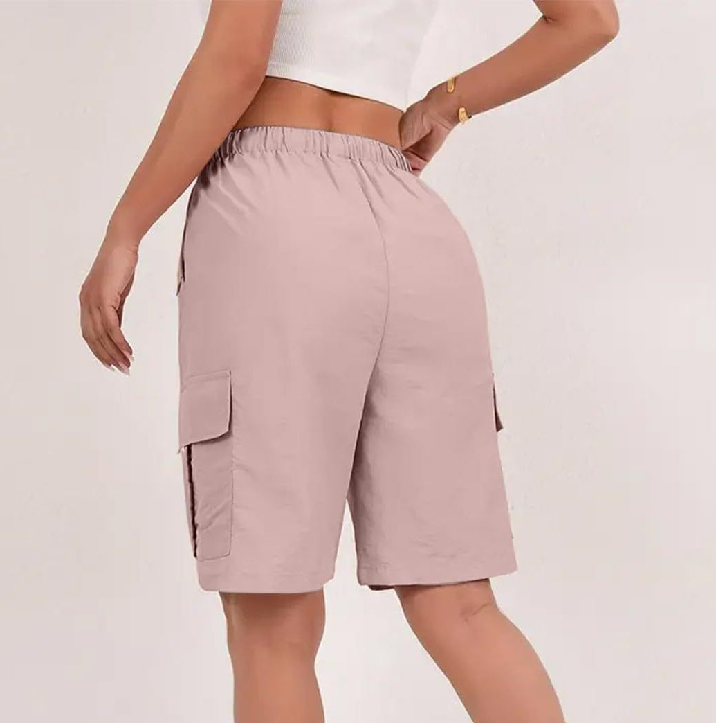 Elastic Waist Cargo Bermuda Shorts With Pockets - Pink - 2
