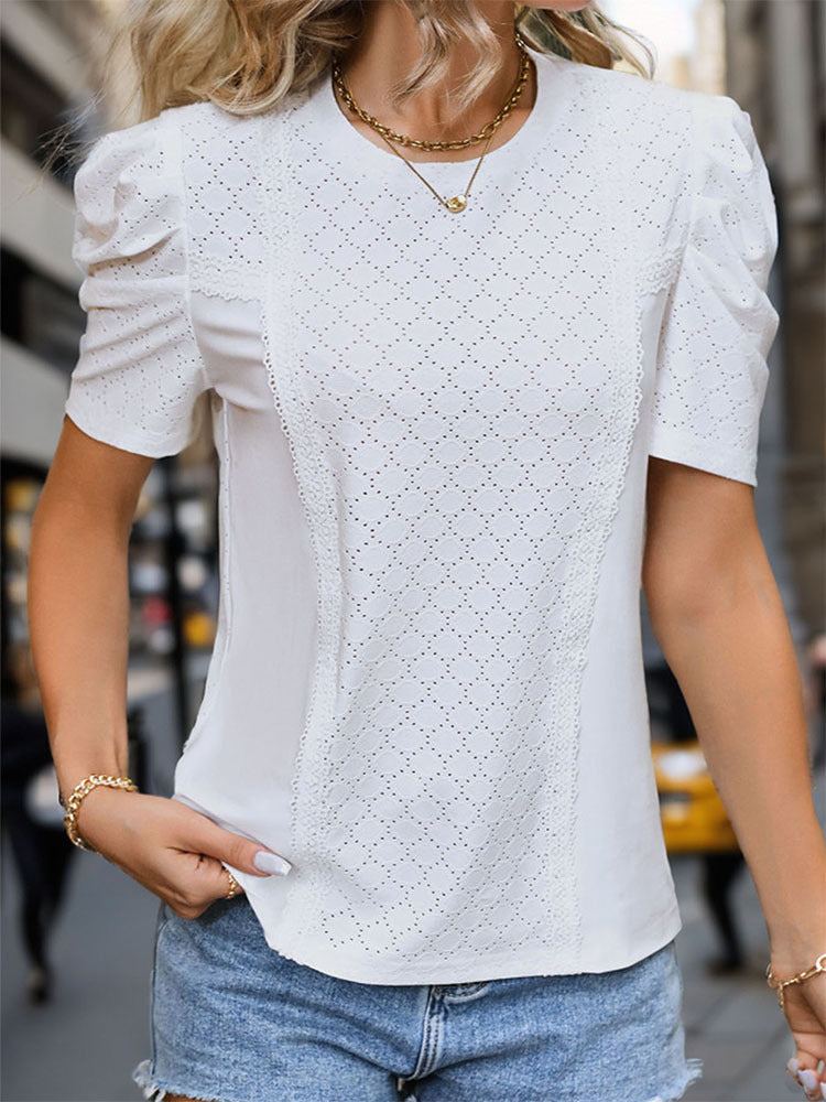 Textured Diamond Knit Puff Shoulder Blouse - White - 4