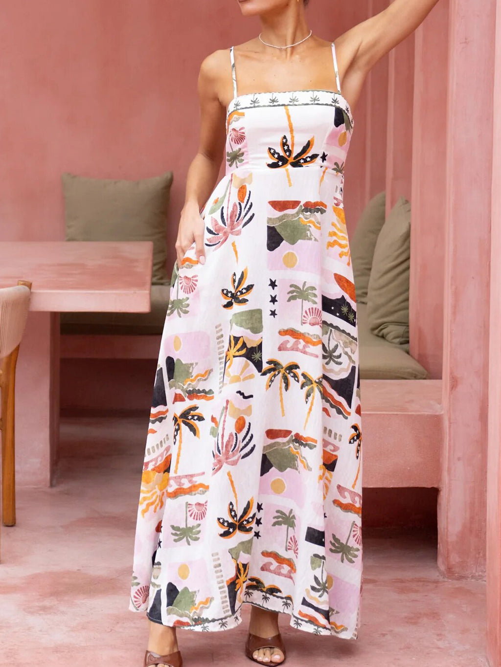 Botanical Patchwork Print Slip Maxi Dress - White - 2