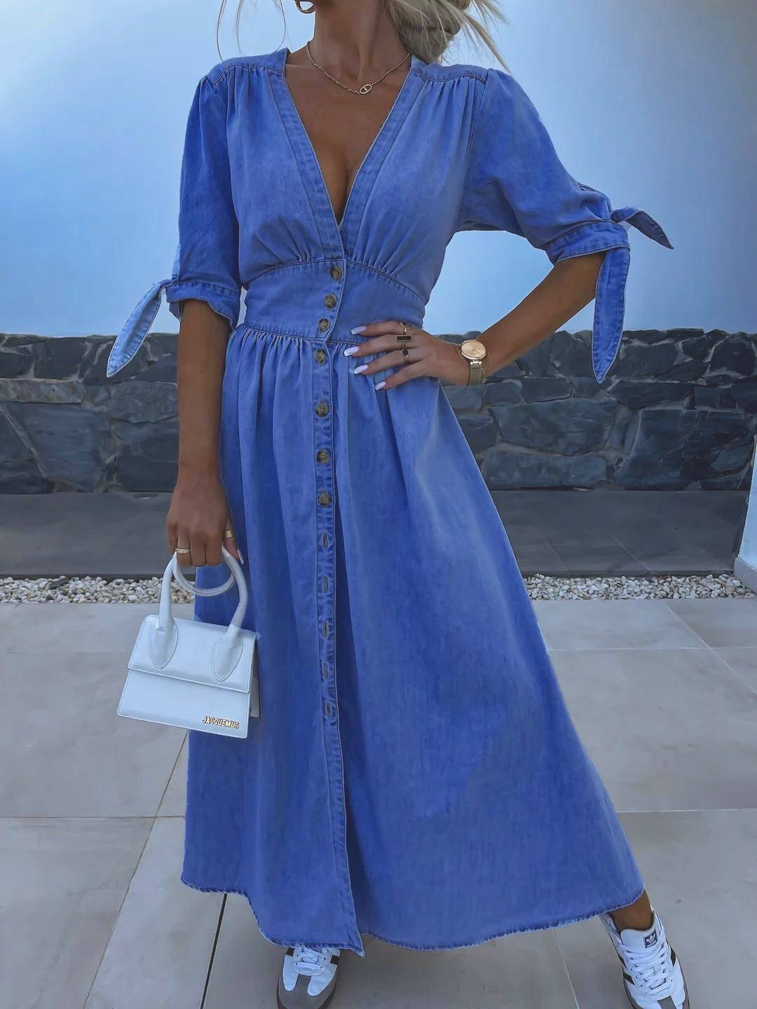 Tie Sleeve Button Front Denim Maxi Dress - Blue