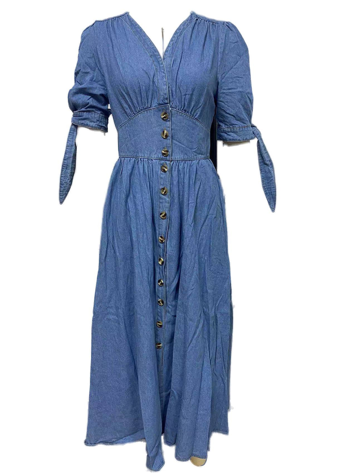Tie Sleeve Button Front Denim Maxi Dress - Blue - 1