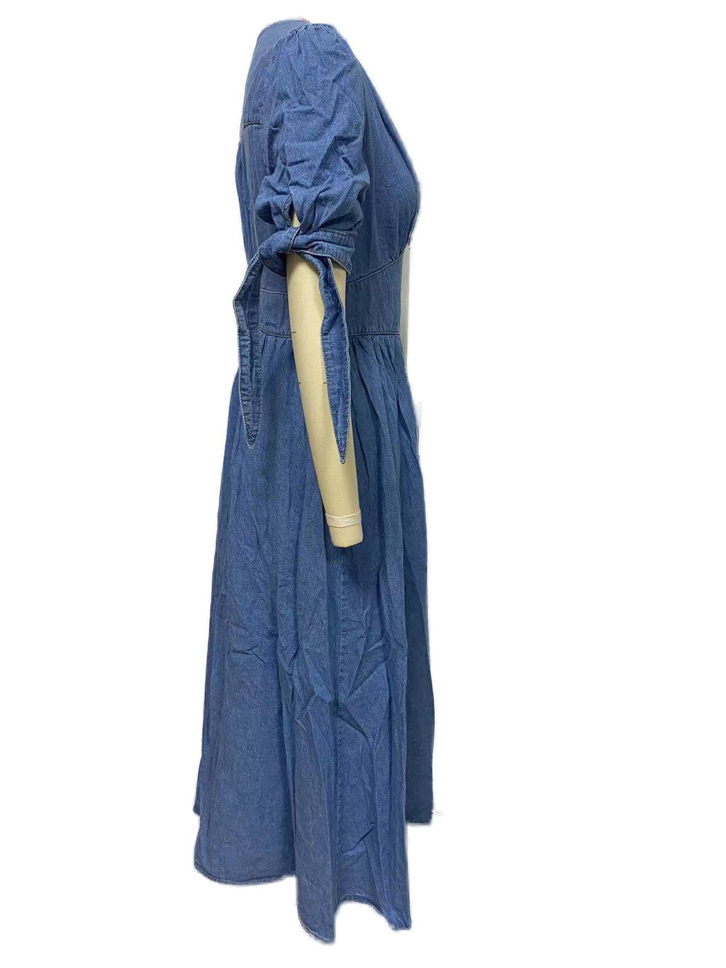 Tie Sleeve Button Front Denim Maxi Dress - Blue - 2