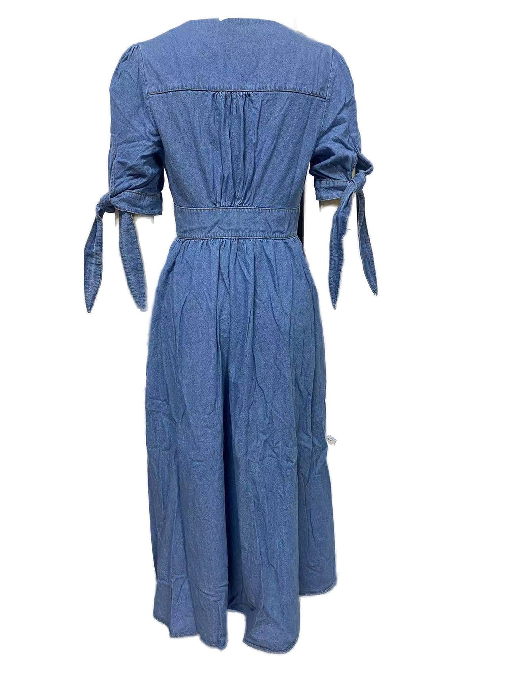 Tie Sleeve Button Front Denim Maxi Dress - Blue - 3