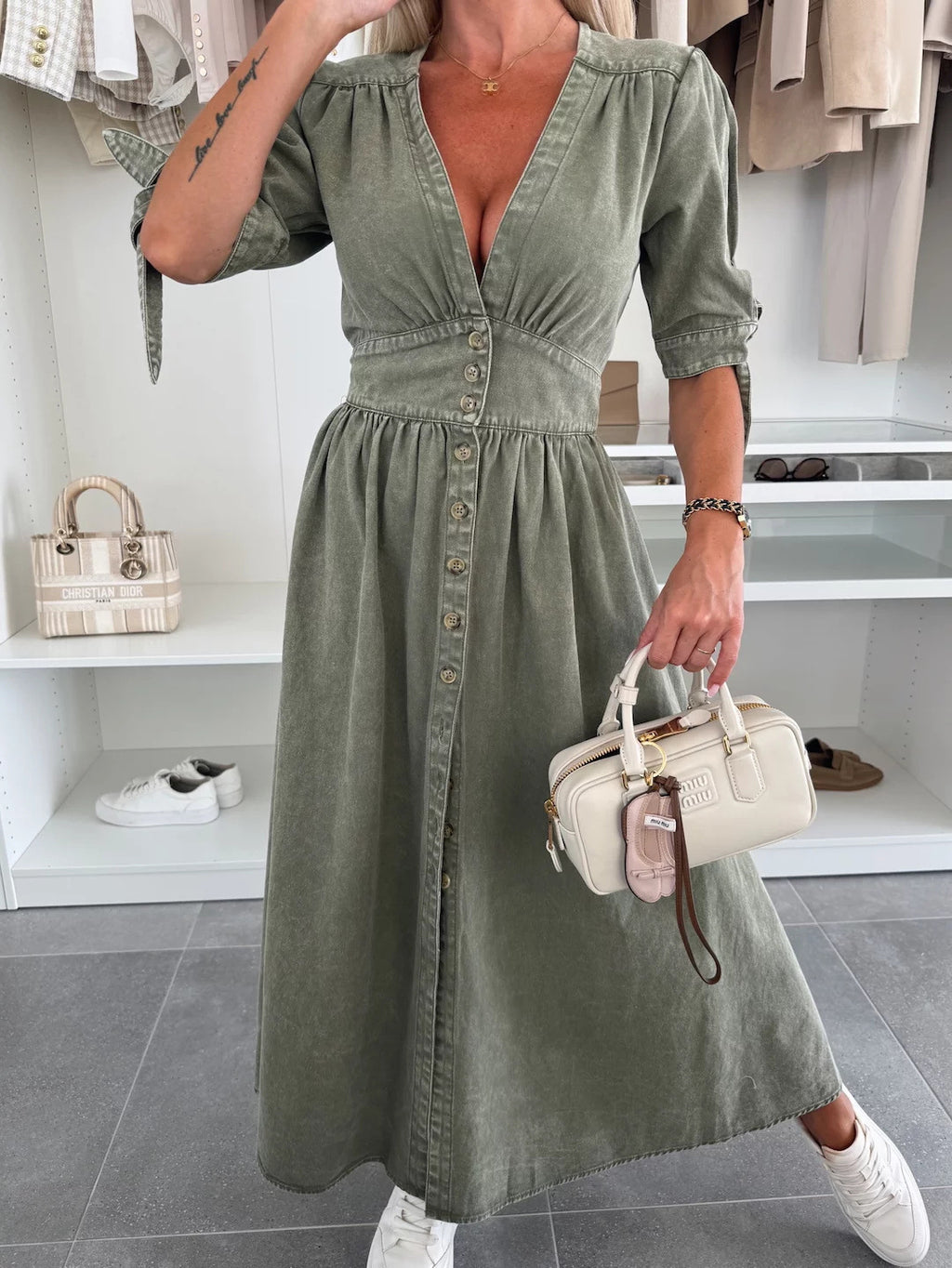 Tie Sleeve Button Front Denim Maxi Dress - Olive