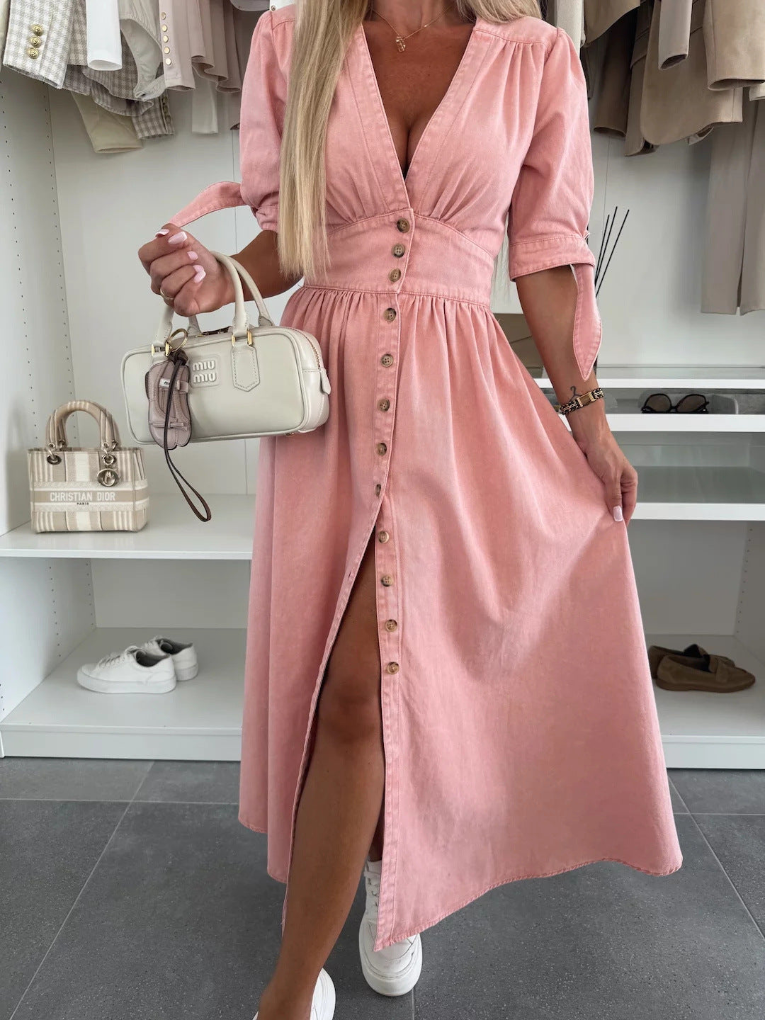 Tie Sleeve Button Front Denim Maxi Dress - Pink