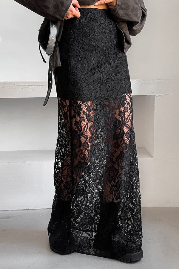 Elasticated Waist Sheer Lace Column Skirt - black