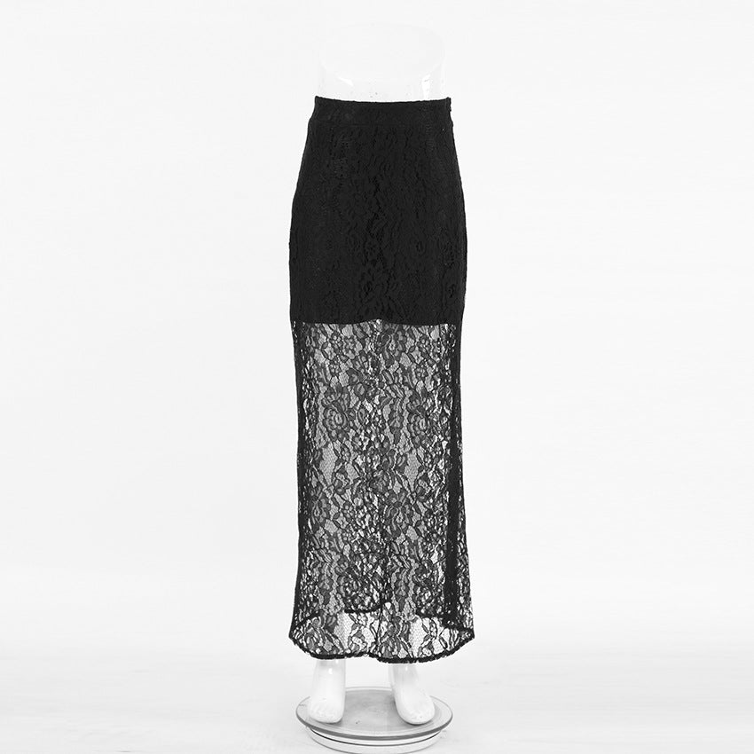 Elasticated Waist Sheer Lace Column Skirt - black - 1