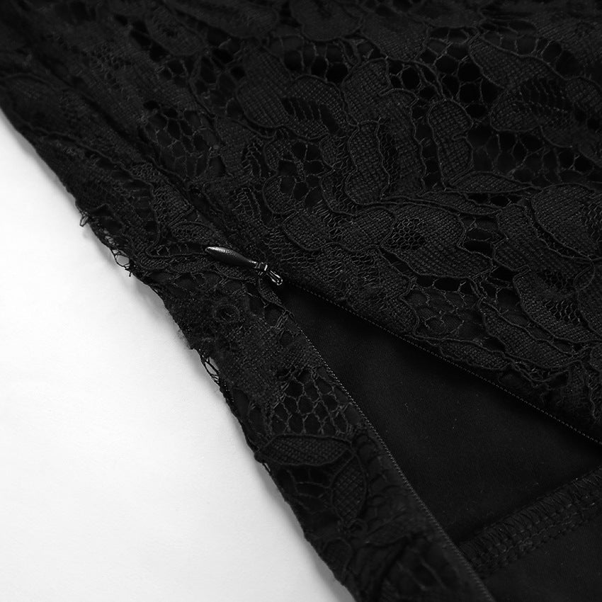 Elasticated Waist Sheer Lace Column Skirt - black - 10