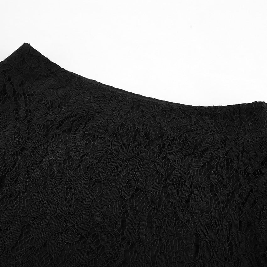 Elasticated Waist Sheer Lace Column Skirt - black - 13