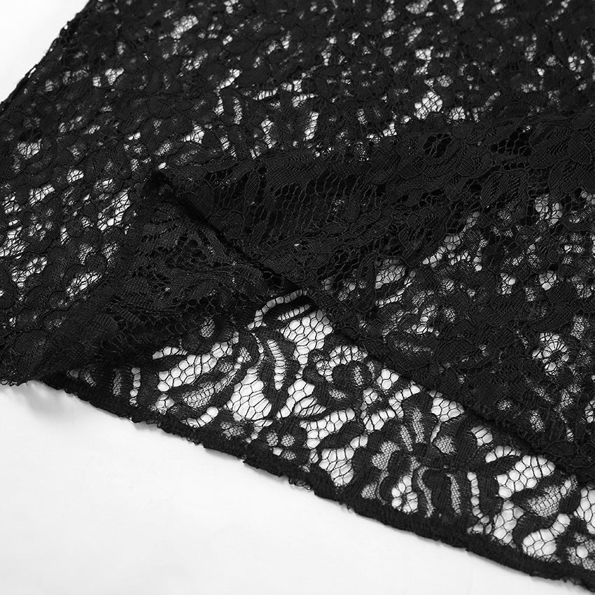 Elasticated Waist Sheer Lace Column Skirt - black - 16