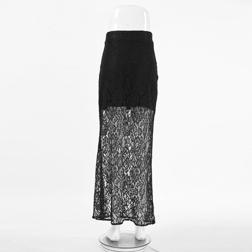 Elasticated Waist Sheer Lace Column Skirt - black - 2