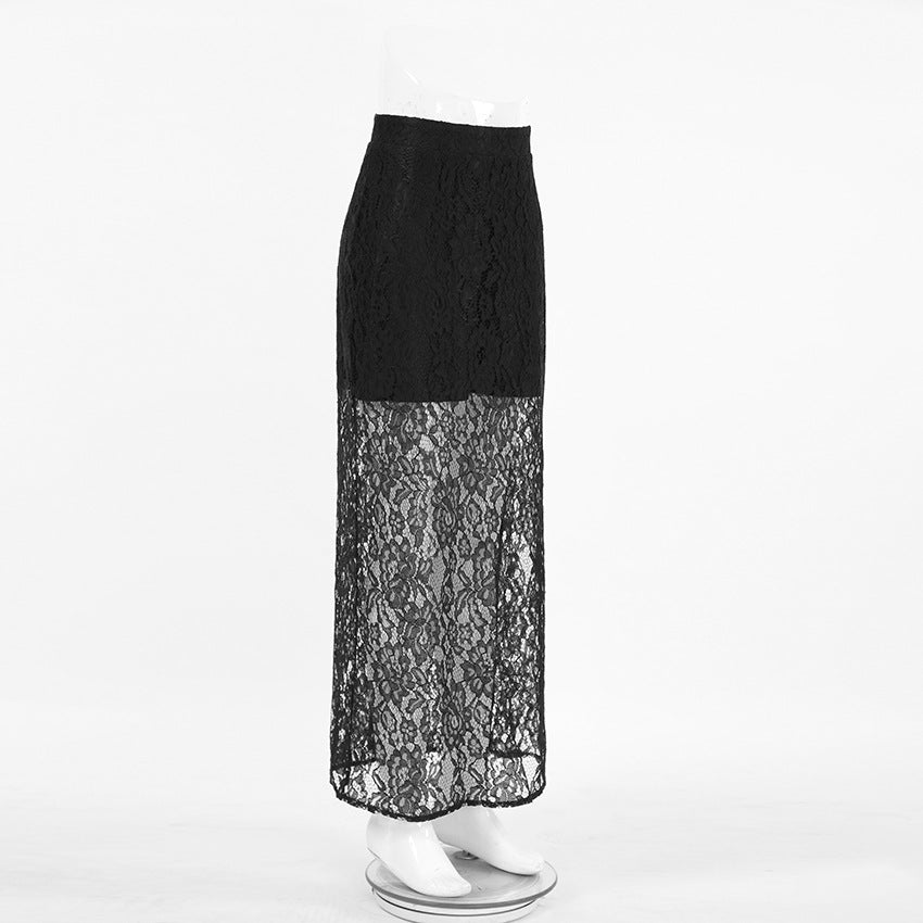 Elasticated Waist Sheer Lace Column Skirt - black - 3