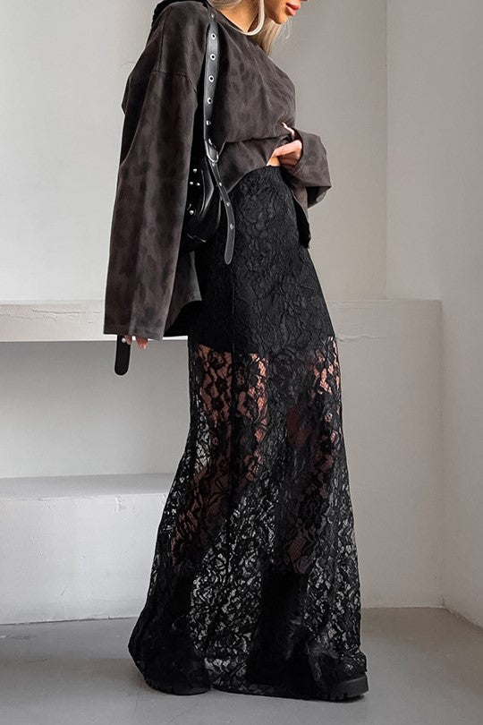 Elasticated Waist Sheer Lace Column Skirt - black - 4