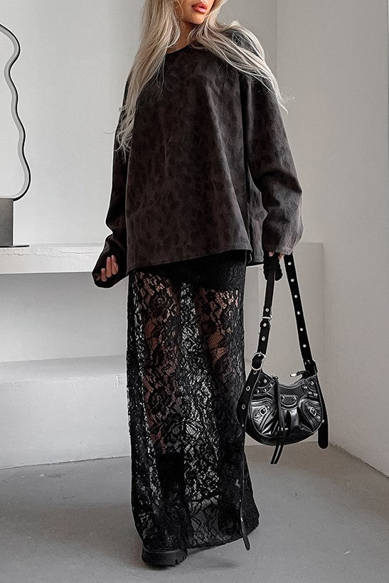 Elasticated Waist Sheer Lace Column Skirt - black - 5