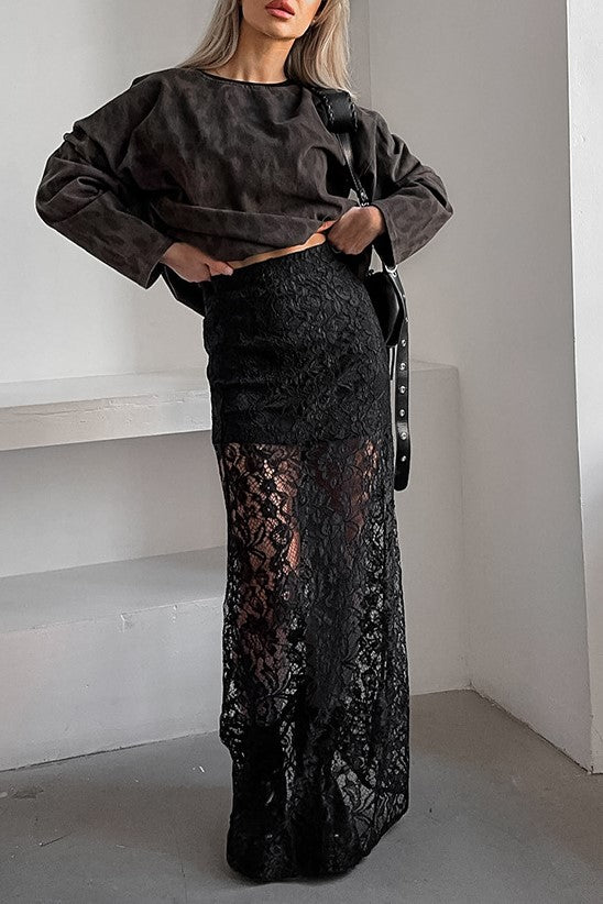 Elasticated Waist Sheer Lace Column Skirt - black - 6