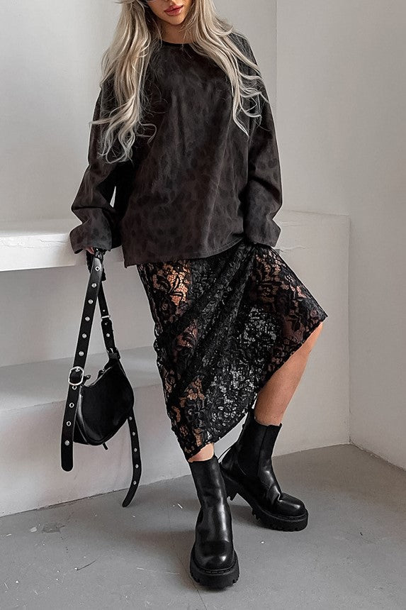Elasticated Waist Sheer Lace Column Skirt - black - 7