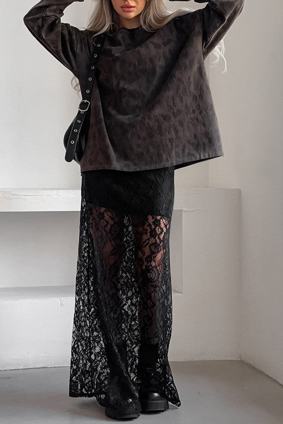 Elasticated Waist Sheer Lace Column Skirt - black - 8