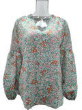 Airy Chiffon Floral Blouse With Blouson Sleeves - Green