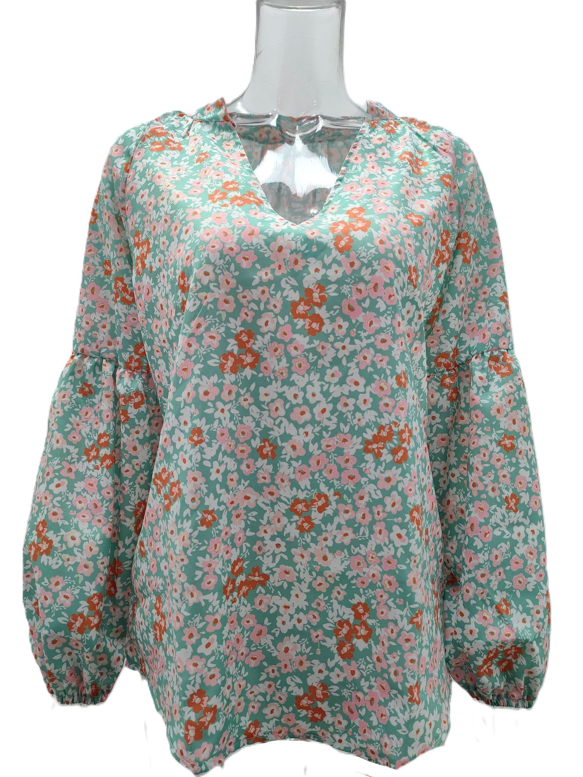 Airy Chiffon Floral Blouse With Blouson Sleeves - Green