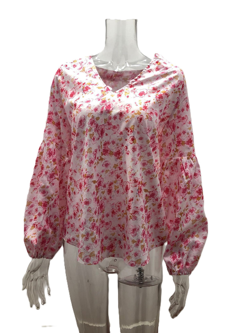 Airy Chiffon Floral Blouse With Blouson Sleeves - Pink
