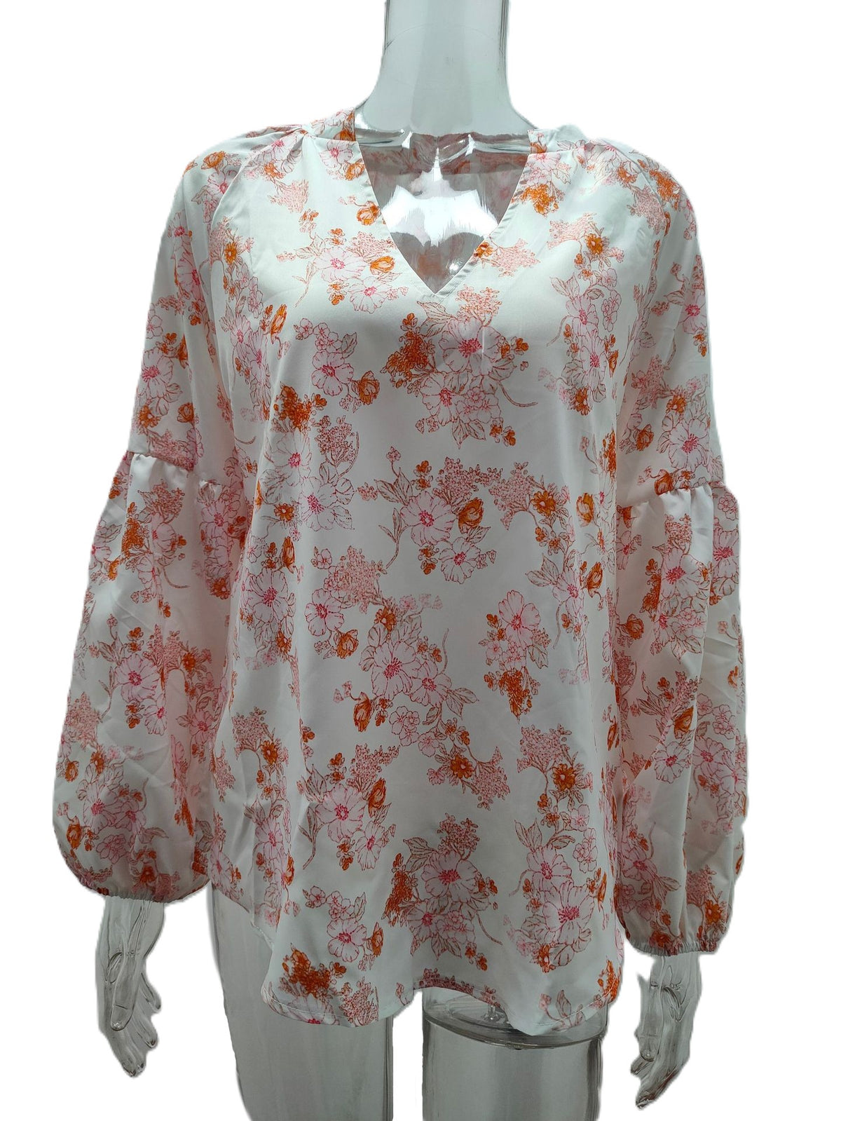 Airy Chiffon Floral Blouse With Blouson Sleeves - White