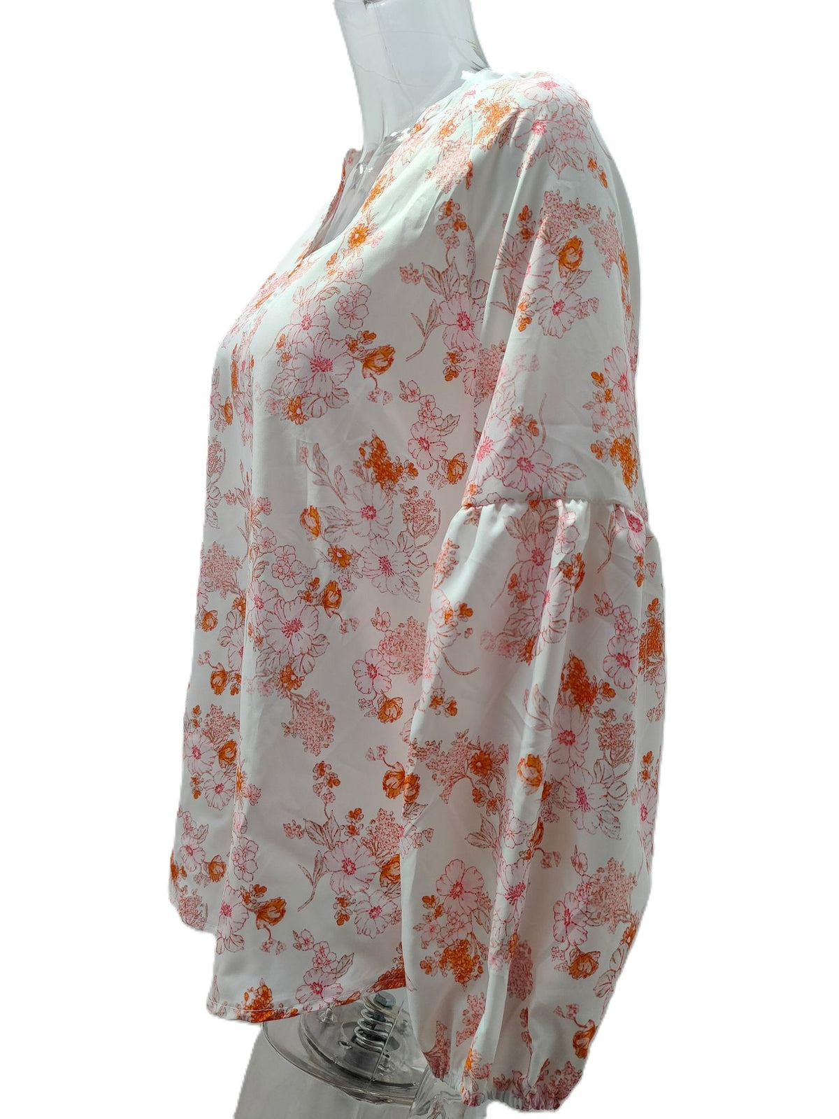 Airy Chiffon Floral Blouse With Blouson Sleeves - White - 1