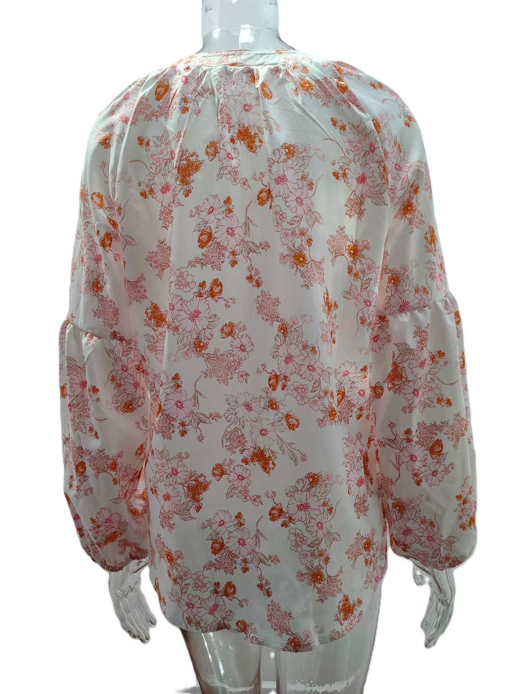 Airy Chiffon Floral Blouse With Blouson Sleeves - White - 2