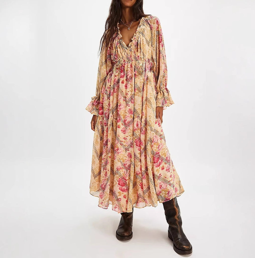 Floral Print Ruffle V Neck Maxi Dress - Yellow