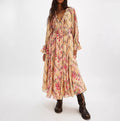 Floral Print Ruffle V Neck Maxi Dress - Yellow