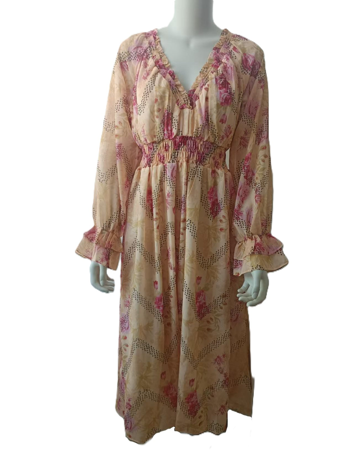 Floral Print Ruffle V Neck Maxi Dress - Yellow - 1