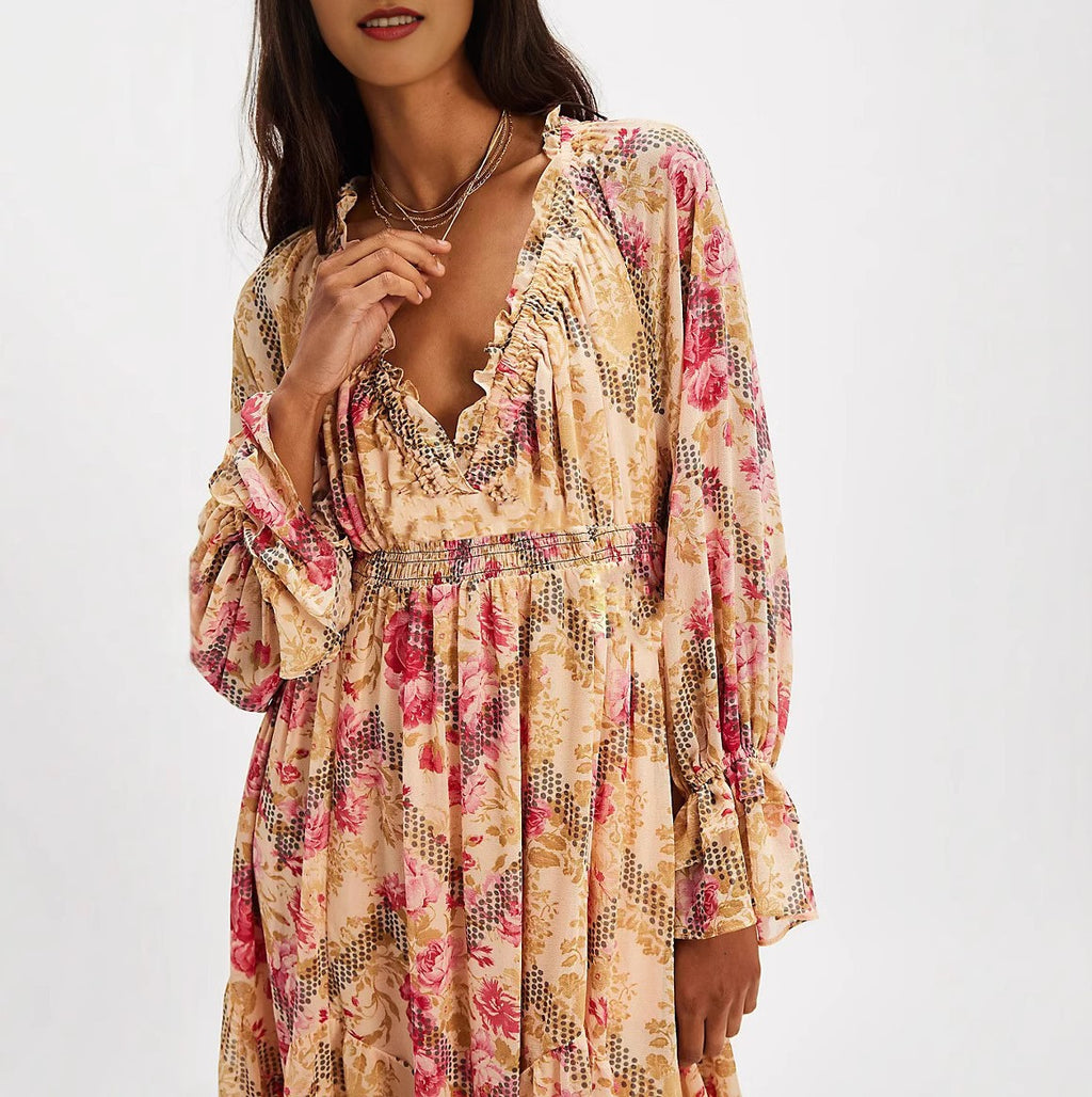 Floral Print Ruffle V Neck Maxi Dress - Yellow - 3