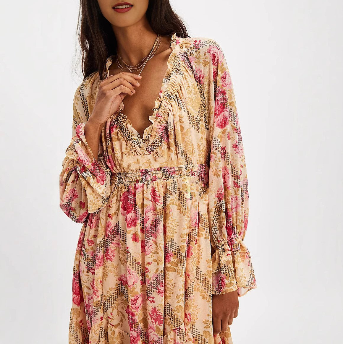 Floral Print Ruffle V Neck Maxi Dress - Yellow - 3