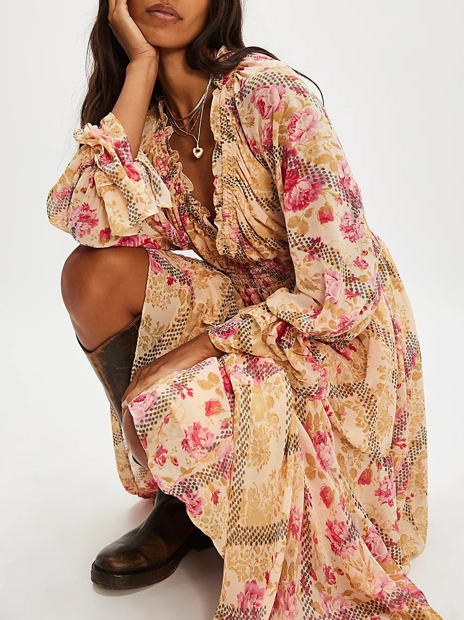 Floral Print Ruffle V Neck Maxi Dress
