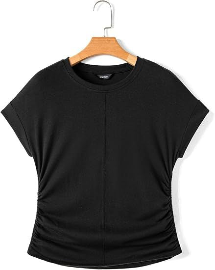 Side Ruched Dolman Sleeve Tee - Black